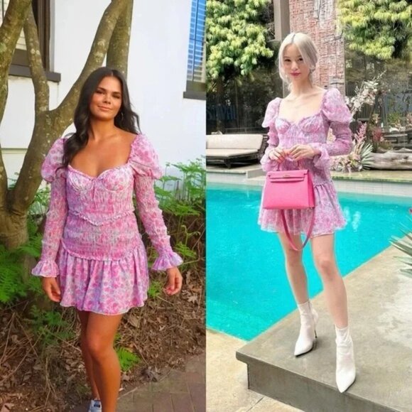 NWT For Love & Lemons Oakley Smocked Floral Mini Dress Size M Pink Purple Green - Picture 3 of 6